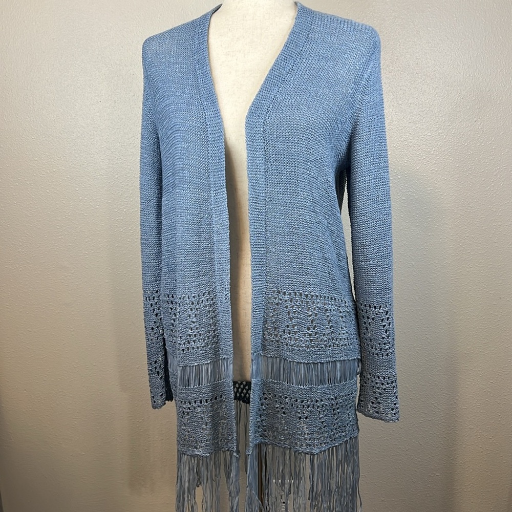 MICHAEL KORS Open Knit Crochet‎ Sweater Long Cardigan XS Fringe Lightweight NEW